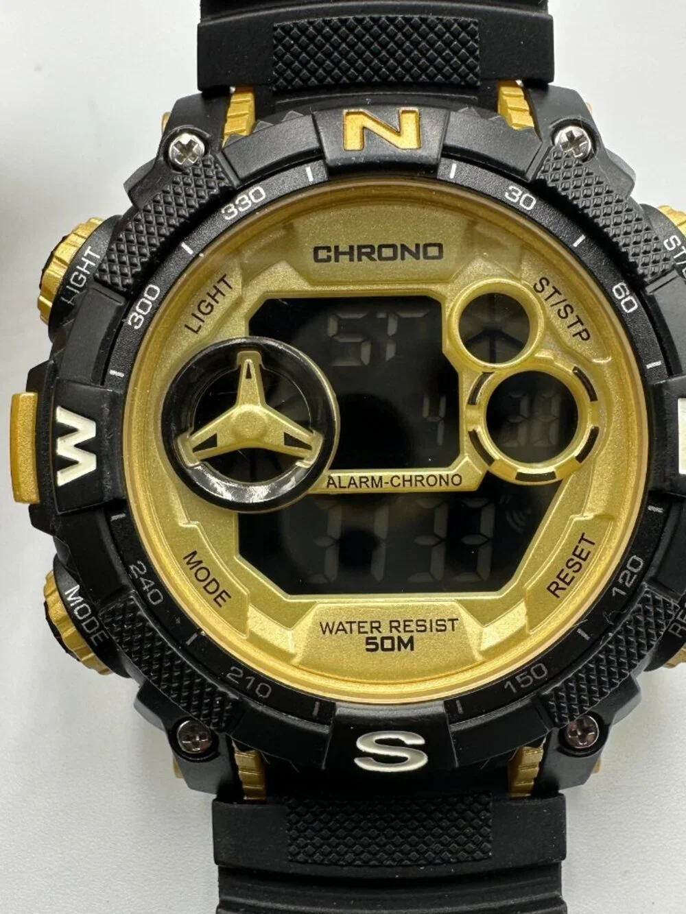 George Digital Watch Men Black Gold 53MM Round Dial Chrono New Battery